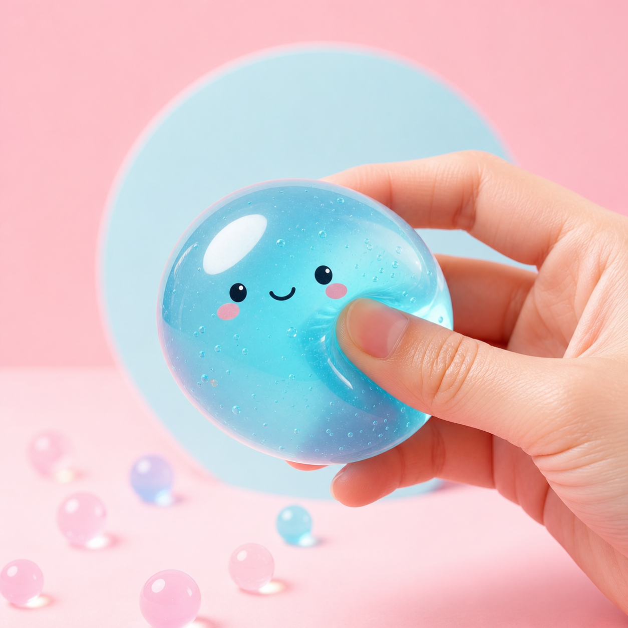 Blue jelly stress ball being squeezed