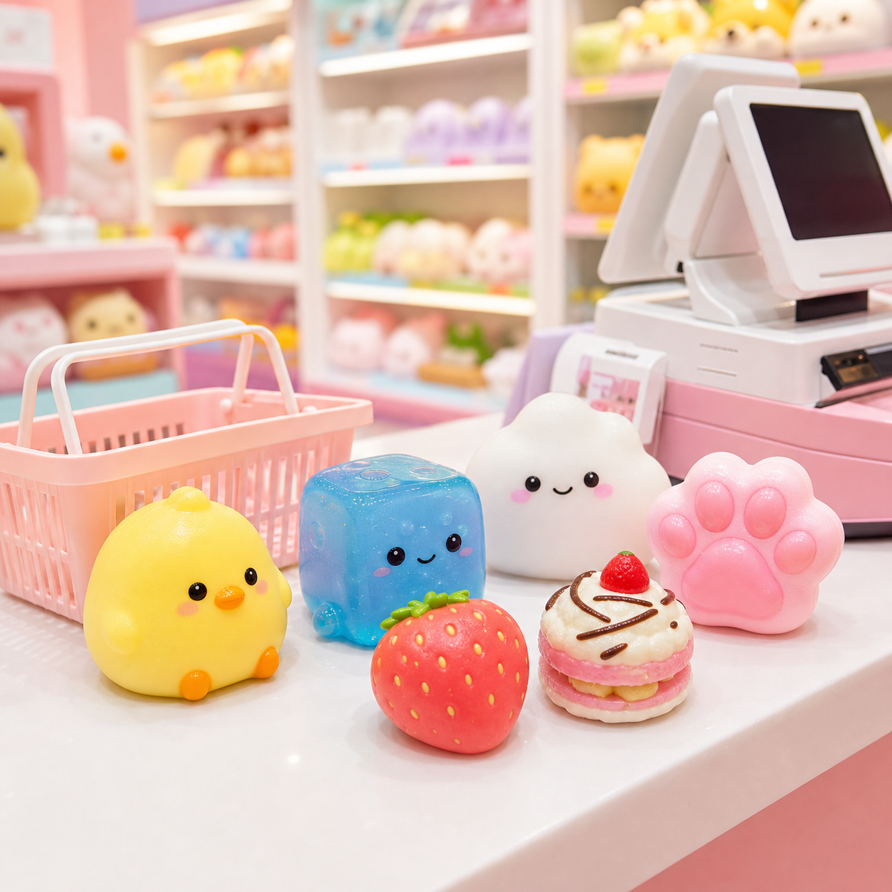 Mini squishy toys on a shop counter